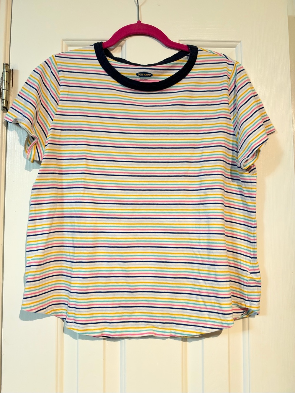 Old Navy White Short-Sleeve Tee with Multicolor Stripes and Navy Trim
